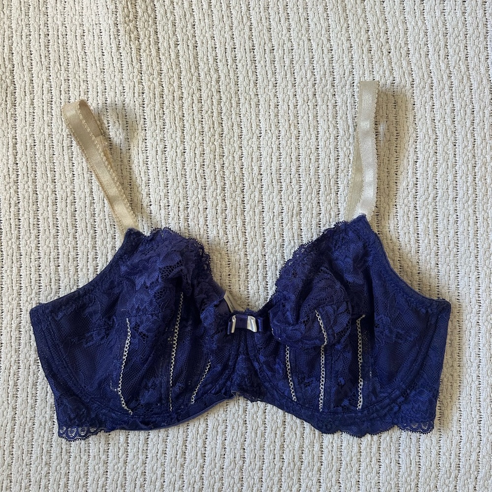 Adore Me Navy Lace Bra with Cream Straps